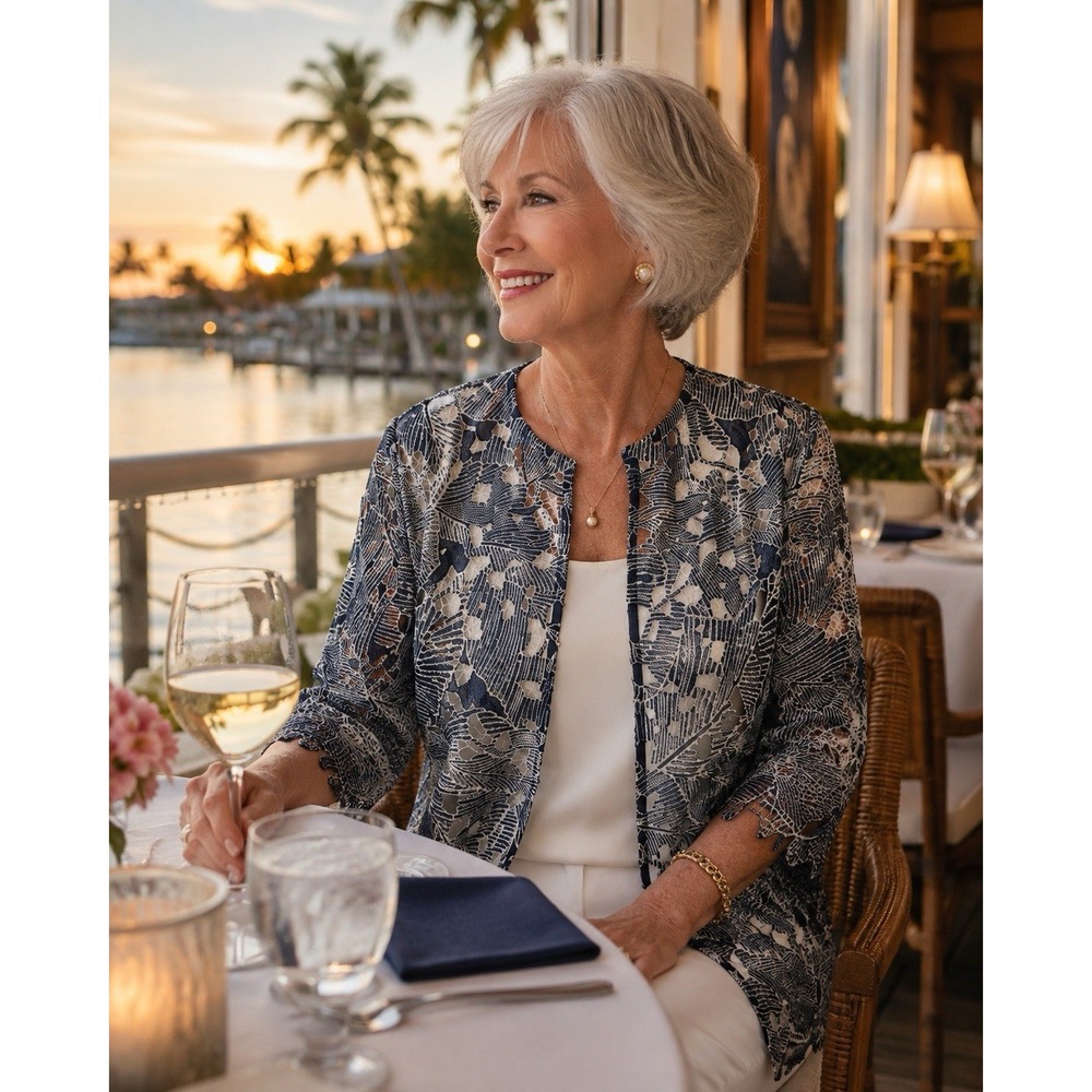 Chico's Deep Tropic Lace Jacket Size 0 NWT Navy White Floral Open Front